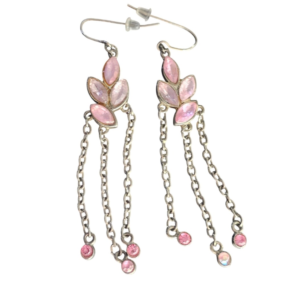 Pink Rhinestone Marquise Leaf Dangle Earrings Silver Tone Chain‎ Tassel Drop